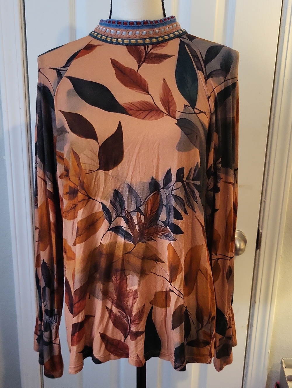 FDJ Rust and Navy Fall Print Long-Sleeve Tunic With Velvet Trim Tie-Back Collar